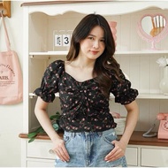 Vexios - ZGW SEXY WOMEN'S TOP DEROSE SMOCK SABRINA TOP/ SHORT-SLEEVED CROP TOP BLOUSE WITH FLOWER MO