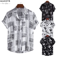 Men's Black&White Short Sleeve Casual Loose Graphic Printed Shirt Button Up Lapel Checkered Shirt Pl