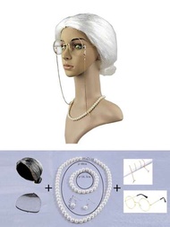 老婦人Cosplay套裝 - 祖母假髮、假髮帽、老奶奶眼鏡、眼鏡鏈繩帶、珍珠項鍊