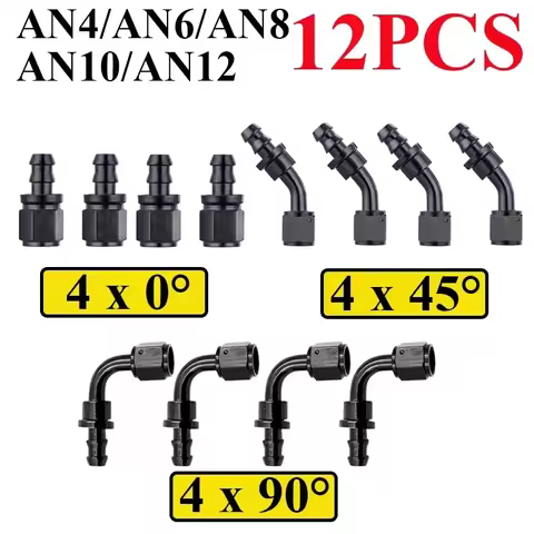 12Pcs AN4 AN6 AN8 AN10 AN12 Push-on Hose End Fittings Fuel Oil Cooler Hose Fittings 0 45 90 Degree R