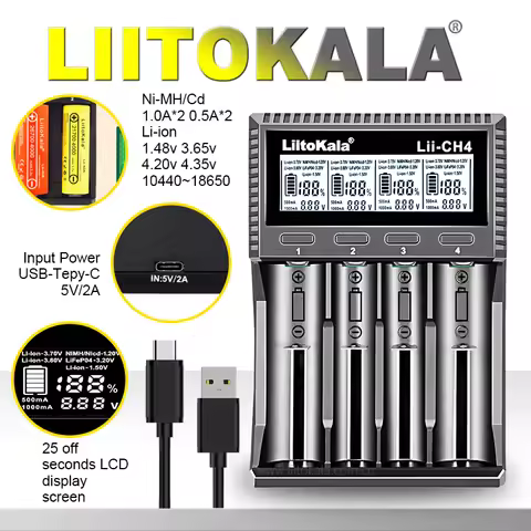 LiitoKala Lii-CH4 Smart Charger for 18650/21700/26650/AA/AAA/Ni-MH/Li-ion,1.2V/1.5V 4-Slot Fast Char