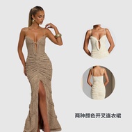 Dress Women 2026 Solid Color Split Sling V-Neck Fashion Dress Women