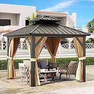 GAOMON Hardtop 10x12ft Gazebo, Double Roof Canopy with Netting and Curtains, Wood Grain Outdoor Gaze