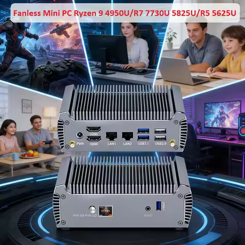 Fanless FU02 AMD Mini PC Ryzen 9 4950U 7 7730U 5825U 4700U Windows 11 Mini Gaming Computer Dual LAN 