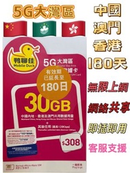 中國移動 - 中國內地/大陸, 香港,澳門【180日 30GB】5G/4G 鴨聊佳 高速數據卡 上網卡 電話卡 旅行電話咭 Data Sim咭 (可連接各大社交平台及香港網站)
