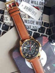 Fossil FS5062 Grant Chronograph Watch with Black Dial and Gold Stainless Steel Case in Brown Leather