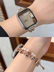 1入組玫瑰金色人造珍珠鍊式智能手錶錶帶，適用於Apple Watch 38/40/41/42/44/45/49mm，與Apple Watch Ultra/Se/8/7/6/5/4/3/2/1兼容
