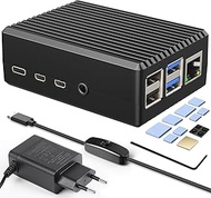 Miuzei Raspberry Pi 4 Aluminium Case, Model B Case with Passive Cooling, 5.1V 3A USB-C Power Supply 