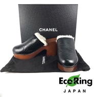 ☆ Chanel 香奈兒 Black Sheepskin Brown Wooden Platform Clogs Sandals #38 黑色羊皮啡色木製厚底涼鞋38碼 100%真品