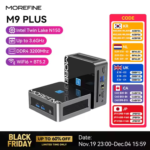 MOREFINE 2025 M9 N150 Mini PC Portable Gaming Desktop Computer Minipc Dual LAN 2.5G/1G WiFi 6 BT5.2 