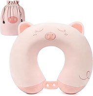 urnexttour Travel Neck Pillow for Kids, Adujstable Airplane Pillow with Travel Bag, Best Best Memory Foam Neck Support Pillows for Sleeping Rest, Car, Train and Home Use - Pink Pig