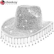 CHEEKOY Rhinestone Cowboy Hat, Tassel Decoration Sun Protection Rhinestone Cowgirl Hat, Fashion Silv
