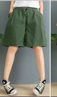 กางเกงขาสั้นผ้าฝ้ายลินิน สีพื้นไซส์ใหญ่เอวยางยืดมีเชือกรูด เหมาะกับสาวอวบ FreeSize