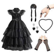 Wednesday Addams Cosplay Costume for Children Party Addams Family Black Chiffon Dress