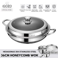 iGOZO Hexagonas Honeycomb Stainless Steel 304 Wok SUS304 (36cm) [Free Saucepan + Casserole + Turner + Steam Tray]