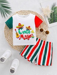墨西哥男童Cinco De Mayo草帽短袖T恤和紅綠條紋短褲套裝