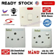 UMS 15A Unswitched Socket Outlet / MIND 15A On off Socket Outlet / UMS 20A 250V AC Switch With Neon 