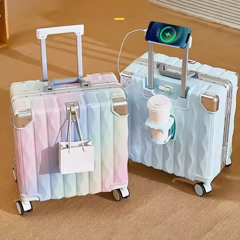 Suitcase 18"20" Password Trolley Case Suitcase Trip Cabin Small Luggage with USB Cup Holder Phone Ho
