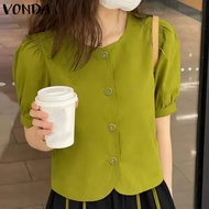 VONDA เสื้อเบลาส์เสื้อเชิ้ตแขนสั้นตัว X แขนพองเสื้อยืดคอกลมลำลองสำหรับผู้หญิง (ลำลองเกาหลี)