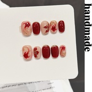 Press on nails handmade [Koi Gilt Red] Red Gold Koi Manicure Gradient Background Gilt Pattern Red Ne