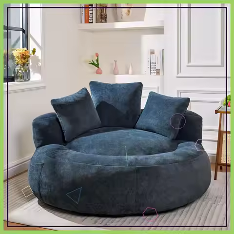 Oversized Bean Bag Chair with 3 Pillows, Faux Fur Blue Gray, 52" D×52" W×21.2" H for Living Room, Te