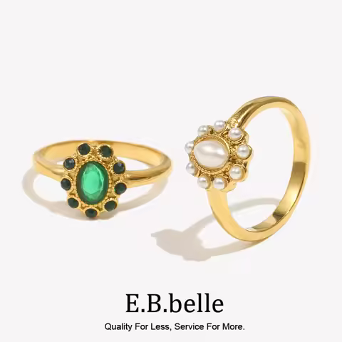 E.B.belle Luxurious Elegant Fashion Pearl Ring 316L Stainless Steel Women's Ring 18K Gold Plated Acc