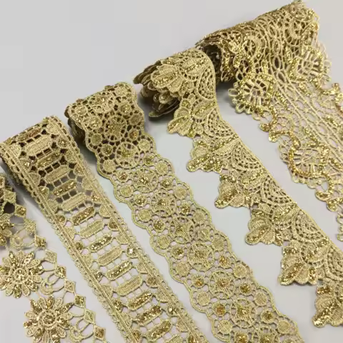 zsbszc 2 yards Hollow shining powder gold lace cheongsam clothes hem curtain lace trim fabric DIY ac