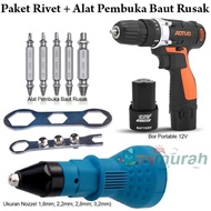 Bor Tangan Baterai Portable 12V Paket Rivet Adapter dan Pembuka Baut