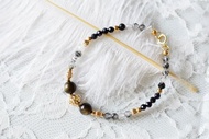 神秘。金黑耀石 黑髮晶 藍砂石 14K包金 天然石/水晶 手鍊