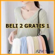 [BELI 2 GRATIS 1] AJWShop HC Kaos Rajut V-neck Lengan Pendek Import