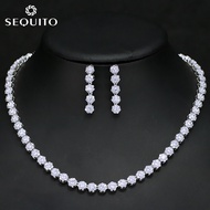 SEQUITO Exquisite CZ Diamond Flower Charm Choker Necklace Earrings Pave Setting 18K White Gold Plated Party Elegant Jewelry Set for Bridesmaid SJ099