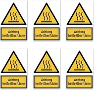 Stickers: 75 x 50 mm, Pack of 6 – Warning Hot Surface – Warning Sign with Text (German) (Yellow/Blac