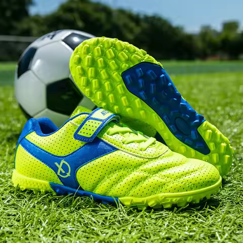 Professional Indoor Turf Soccer Shoes Kid New Design Green Children Football Sneakers Hook-loop Futs