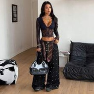 Women's Spring/Summer Streetwear Rave Outfit Festival Boho Western Wear Y2K Gyaru Dark Blue Lace V-N