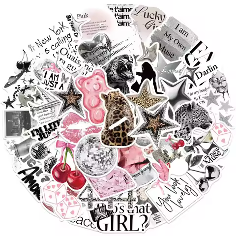 50 Y2K aesthetic stickers, urban girl style, black and white Y2K elements, trendy urban stickers, su