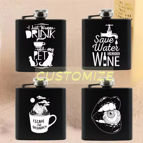 6oz Flask Customized Photo/Logo Portable Stainless Steel Black Hip Flask with Screw Down Cap Best Gi