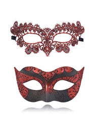 雙人假面舞會面具-2件威尼斯紅色蕾絲嘉年華面具，適用於創意化妝舞會，舞會等場合
