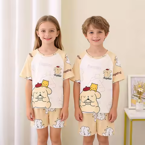 Children's Pajamas Set Cartoon Sanrio Characters Short Sleeve Top + Shorts Kids Summer Sleepwear Lou