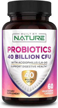 Built by Nature Probiotics 40 Billion CFU - 4 Diverse Strains + Prebiotic - Digestive &amp; Gut Health - Supports Occasional Constipation, Diarrhea, Gas &amp; Bloating - Probiotics For Women &amp; Men - 60 Capsule