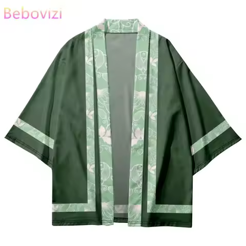 Green Kimono 2023 Summer Beach Geometric Print Japanese Samurai Kimono Fashion Men Women Cardigan Ha
