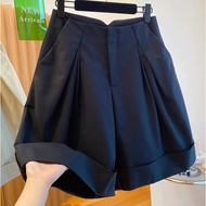 Korean style high-waisted pleated wide-leg women's khaki shorts.HD17.