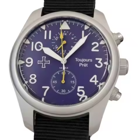 Toujours Pret Dual Time GMT Quartz Military Field Watch - Blasted Stainless Steel - Domed Crystal