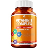 Vitamin B Complex – 5-MTHF Folate with B1, B2, B5, B6, Methyl B12, Niacin, Biotin – Wide Range of Be