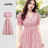 trendy3-Lovito Boho Dress Pleated Plicated Soft and Comfortable Spring/summer Pink Dress for Women L