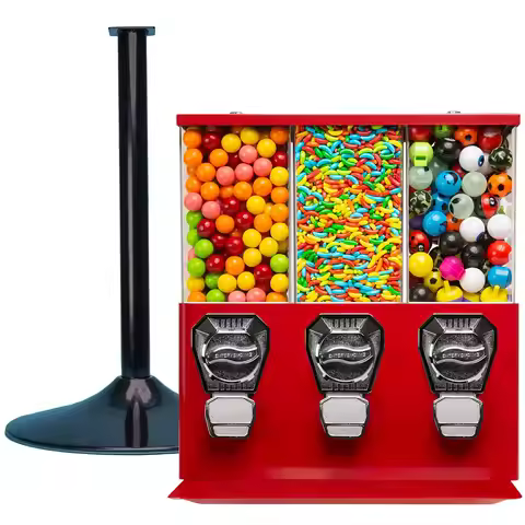 Commercial Gumball and Candy Machine with Stand - Red Triple Vending Machine with Interchangeable Ca