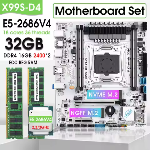 JINGSHA X99 D4 E5 2686 V4 2011 v3 procesador LGA 2011-3 Kit con 2X16 = 32GB DDR4 2400MHZ ECC RAM com