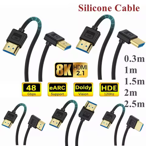 Silicone HDMI Compatible 2.1 Version Cable Elbow Flexible Thin Wire Supports 10K 96Hz Resolution 8K 