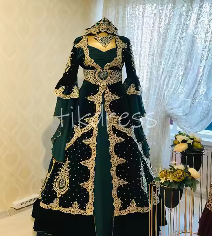 Ottoman Style Turkish Green Wedding Dress With Gold Lace Elegant Moroccan Kaftan Middle East Pakista
