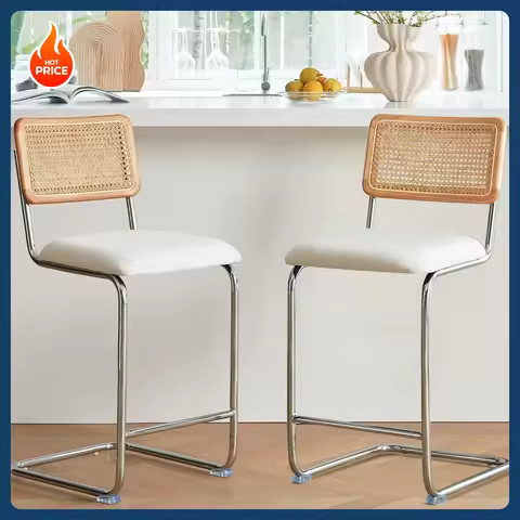 [New Arrival!]Natural Rattan Counter Height Stools Set of 4 with Solid Wood Back, 24 Inch Mid Centur