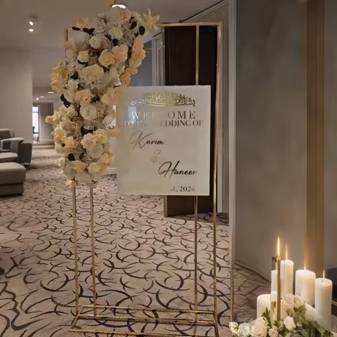 Shiny Gold Wedding Arch Metal Backdrop Stand，Frame for Outdoor/Indoor Ceremony, Artificial Flowers &